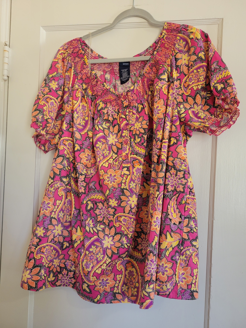 Women's Basic Edition orange and Bright Pink Floral Peasant Top Plus size 3x